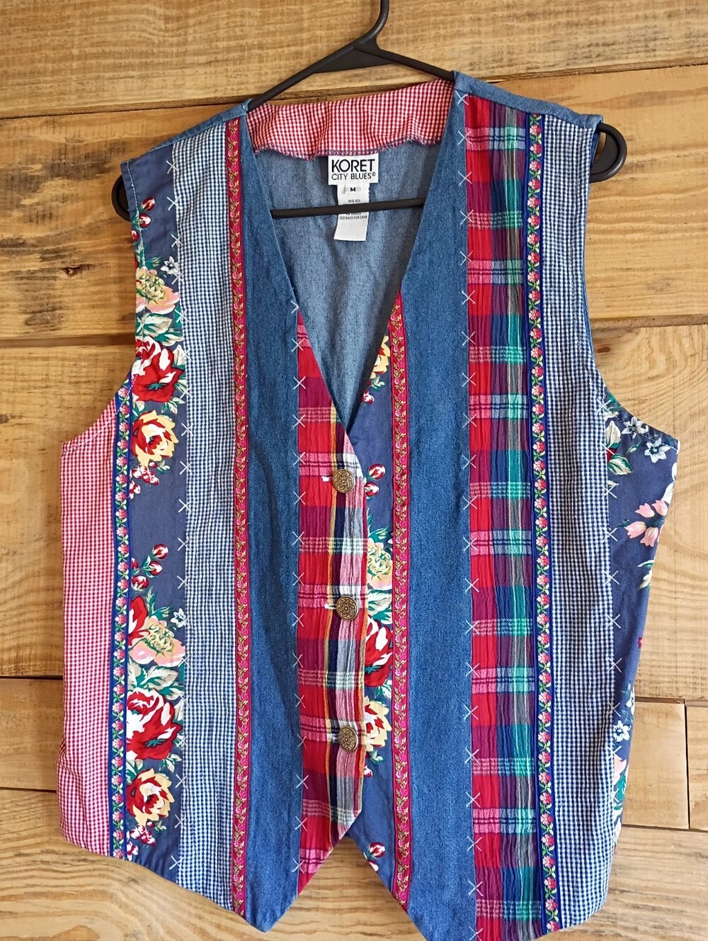 Vintage Multicolor Patchwork Denim Vest with Floral & Plaid Accents Granny Fall